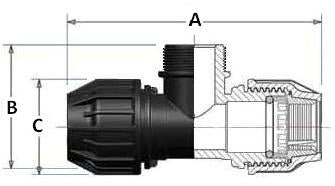 Technical drawing of a black plumbing fitting with labeled dimensions.