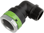 Plumbing fitting with green and silver accents on a white background