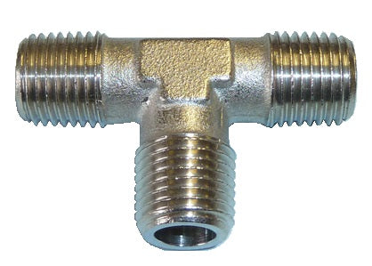 Brass plumbing tee fitting on a white background