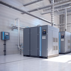 Large industrial air compressor in a warehouse setting with digital display.