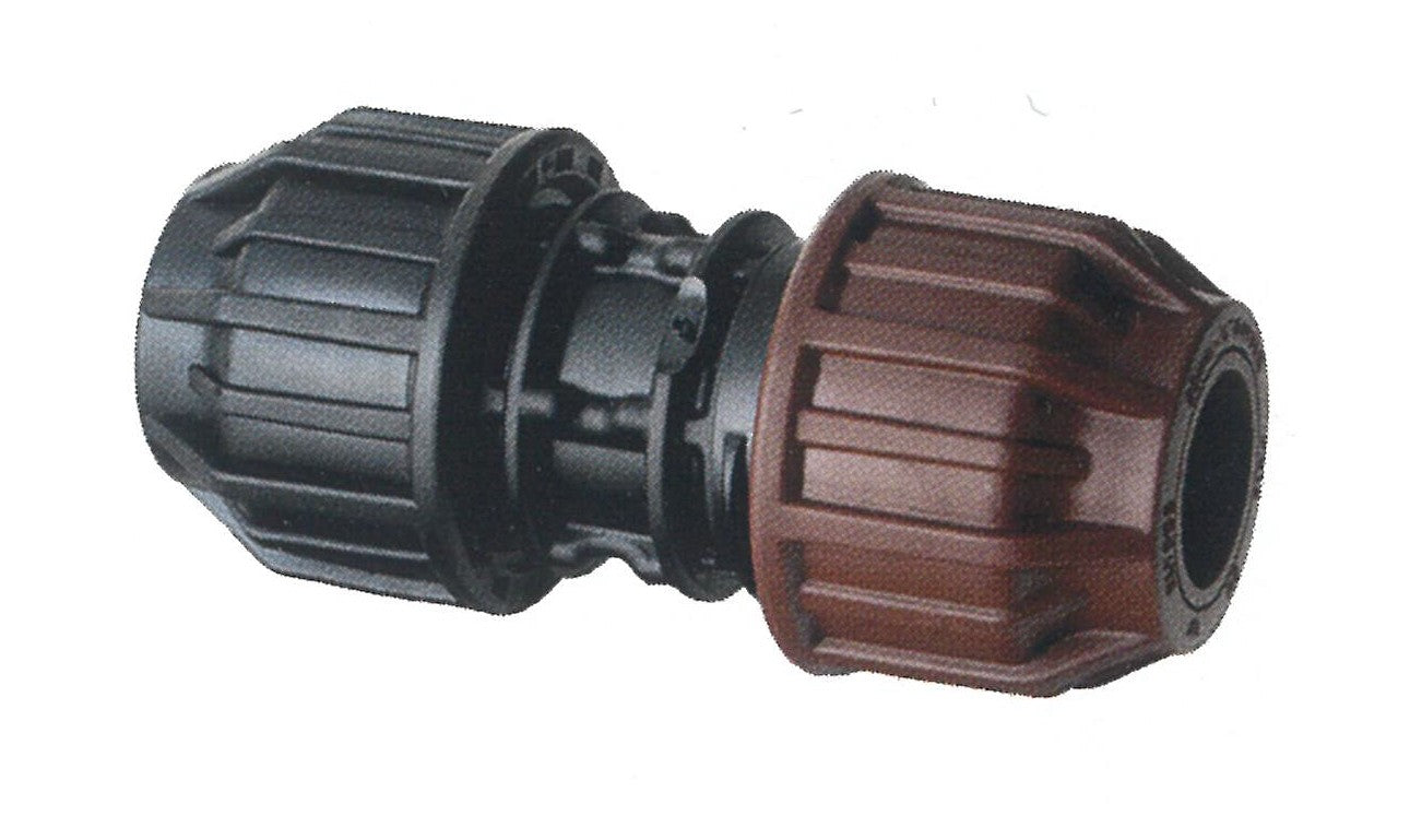 Black and brown garden hose connector on a white background