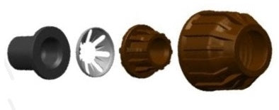 Set of four plastic components in different colors on a white background
