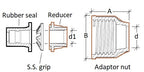 Technical diagram of an adaptor nut with labeled parts and dimensions.