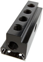 Black metal bracket with multiple threaded holes on a white background