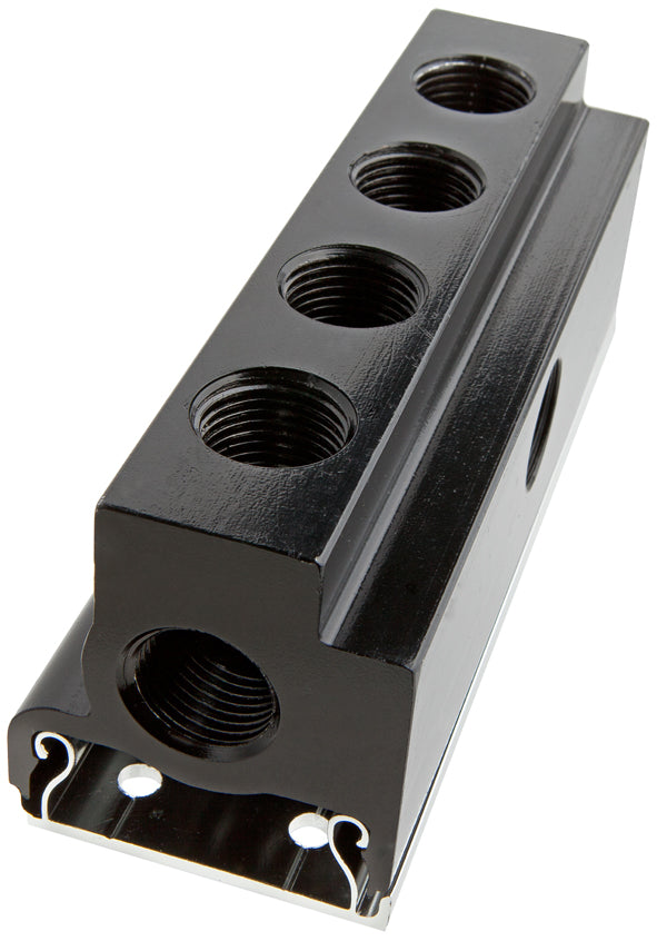 Black metal bracket with multiple threaded holes on a white background