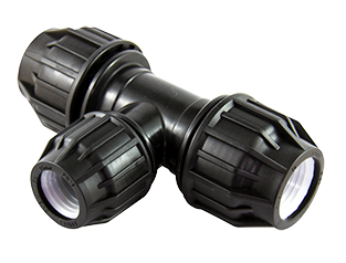 Black plastic plumbing fitting on a white background