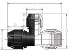 Technical drawing of a black fitting with dimensions labeled