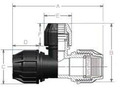 Technical drawing of a black fitting with dimensions labeled