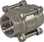 Metallic pipe fitting with threaded connections on a gray background
