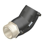 Black and beige cylindrical device on a white background