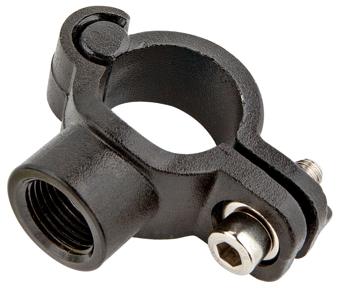 Black metal clamp with threaded end and silver screw on a white background