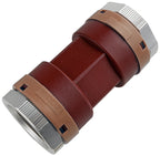 Brown and silver cylindrical object with leather-like texture on a white background