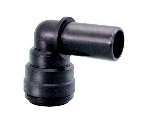 Black plastic elbow fitting on a white background