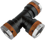 Black fitting with brown and silver accents on a white background