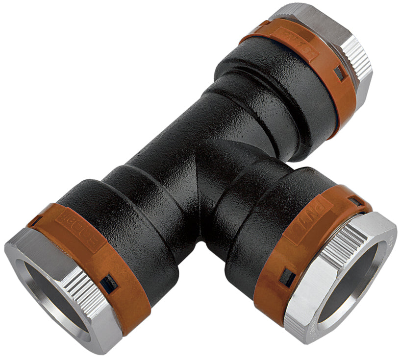 Black fitting with brown and silver accents on a white background
