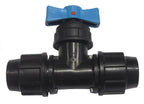 Black plastic valve with blue handle on a white background