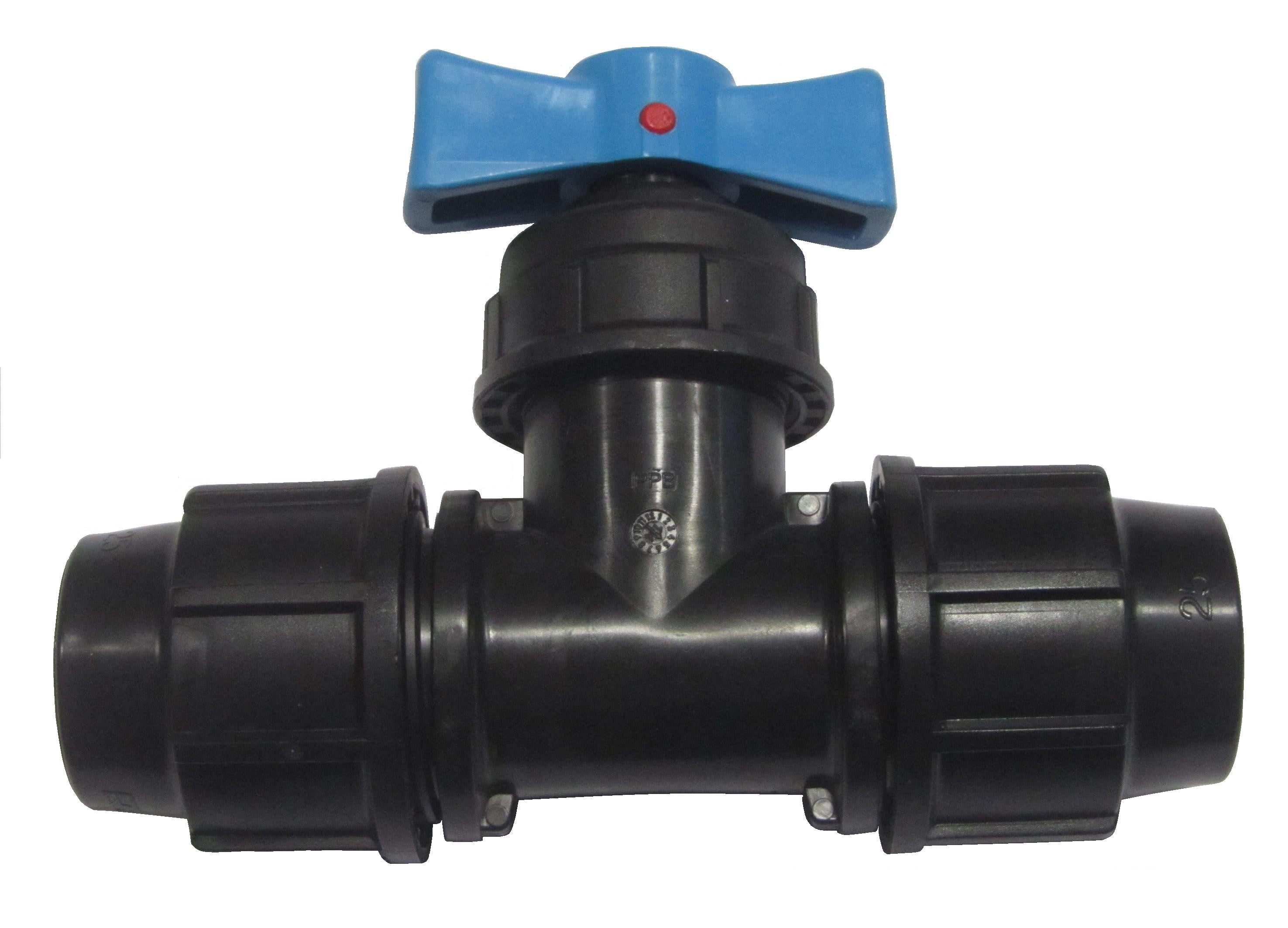 Black plastic valve with blue handle on a white background