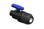 Black ball valve with blue handle on a white background