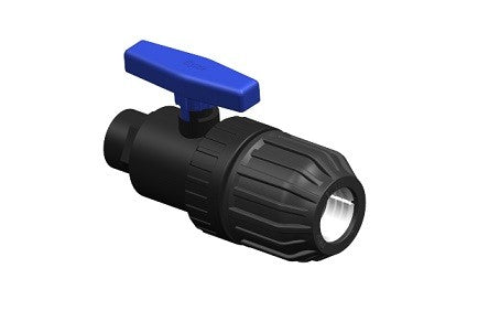 Black ball valve with blue handle on a white background