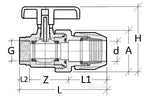 Technical drawing of a valve with labeled dimensions on a white background