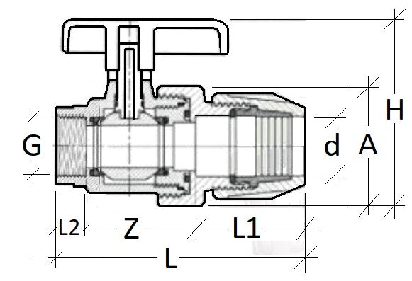 Technical drawing of a valve with labeled dimensions on a white background
