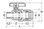 Technical drawing of a valve with labeled dimensions on a white background