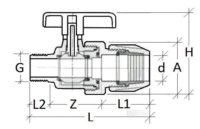 Technical drawing of a valve with labeled dimensions on a white background