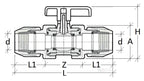 Technical drawing of a valve with dimensions labeled