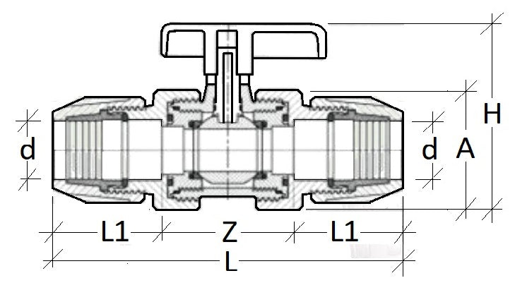 Technical drawing of a valve with dimensions labeled