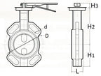 Technical drawing of a butterfly valve with dimensions labeled