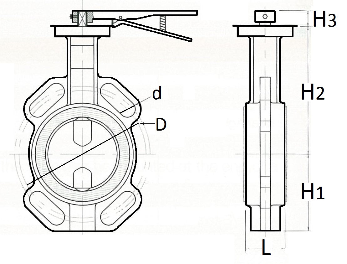 Technical drawing of a butterfly valve with dimensions labeled