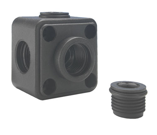 Black mechanical component with threaded fitting on a white background