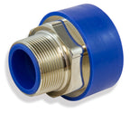 Blue and brass pipe fitting on a white background