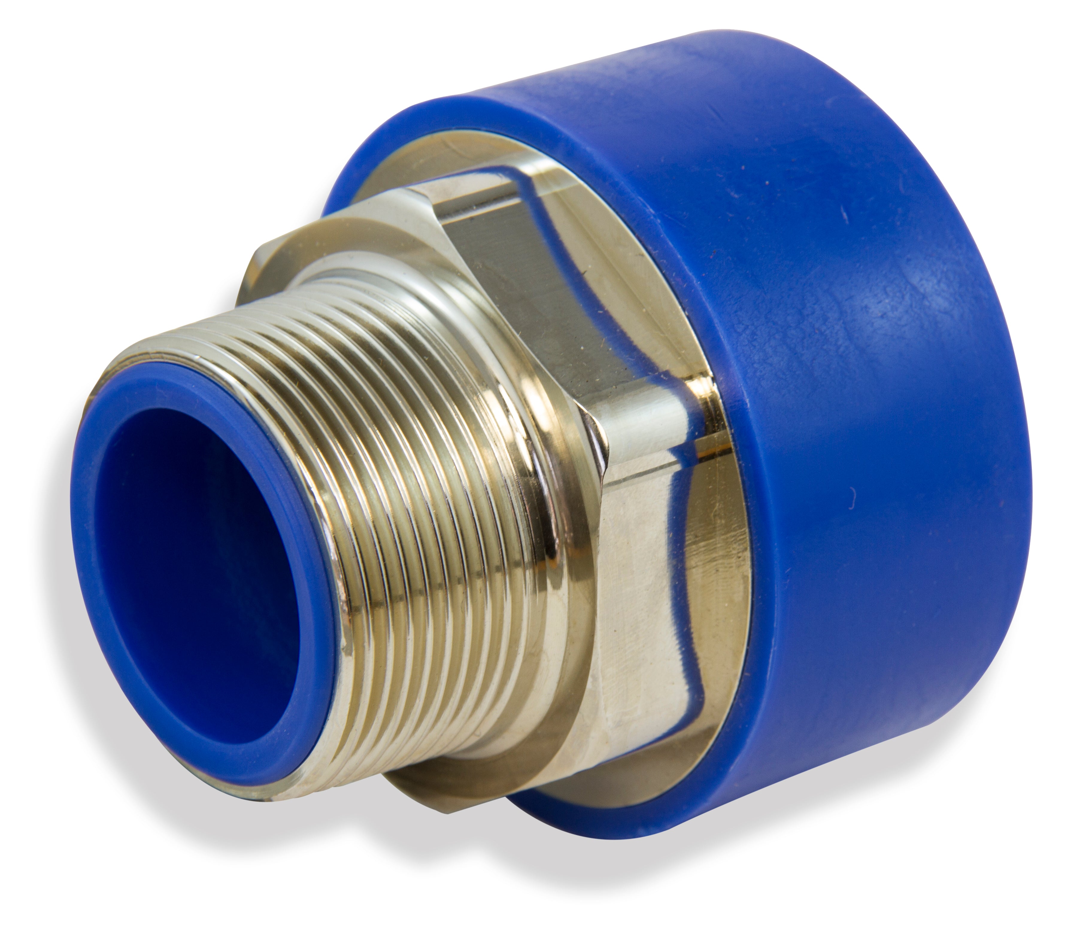 Blue and brass pipe fitting on a white background