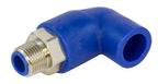 Blue elbow pipe fitting with brass fitting on a white background