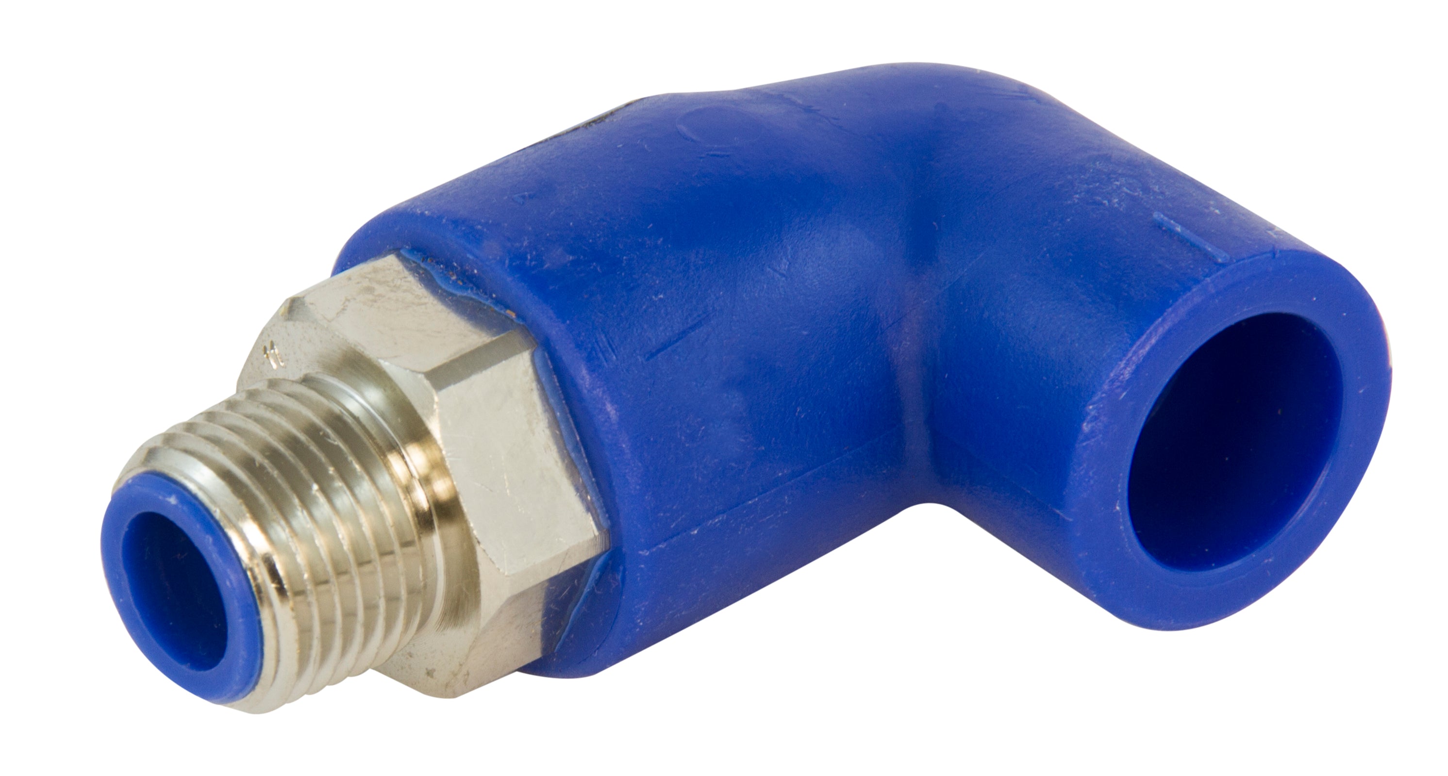 Blue elbow pipe fitting with brass fitting on a white background