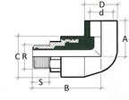 Technical drawing of a plumbing fitting with labeled dimensions