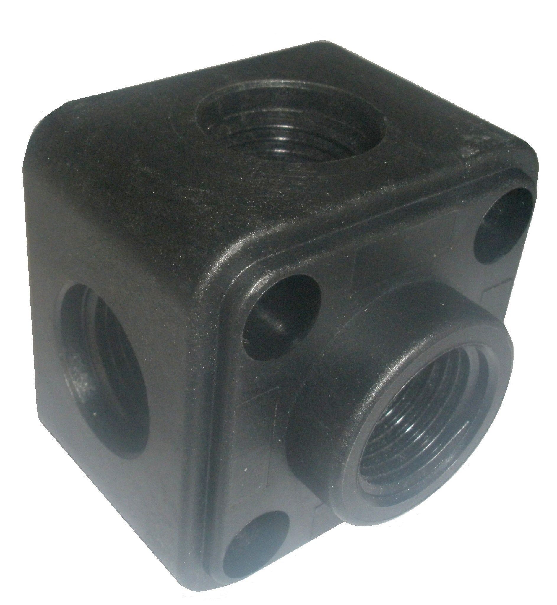 Black metal fitting with multiple threaded holes on a white background