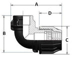Technical drawing of a black plastic fitting with labeled dimensions on a white background