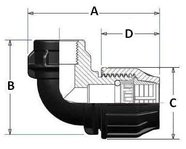 Technical drawing of a black plastic fitting with labeled dimensions on a white background