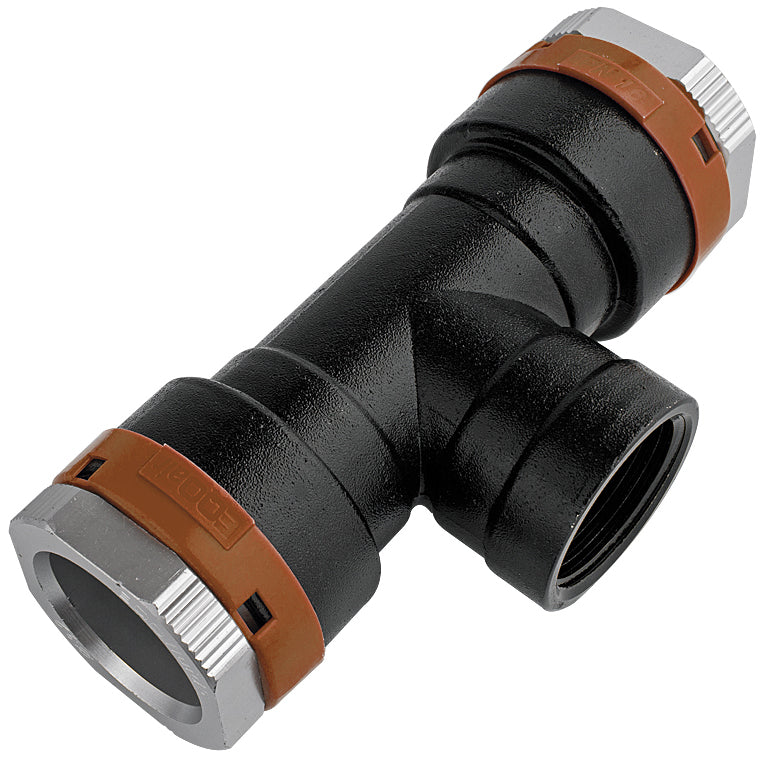 Black and brown plastic fitting on a white background