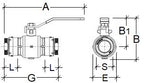 Technical drawing of a ball valve with dimensions labeled