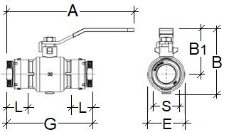 Technical drawing of a ball valve with dimensions labeled