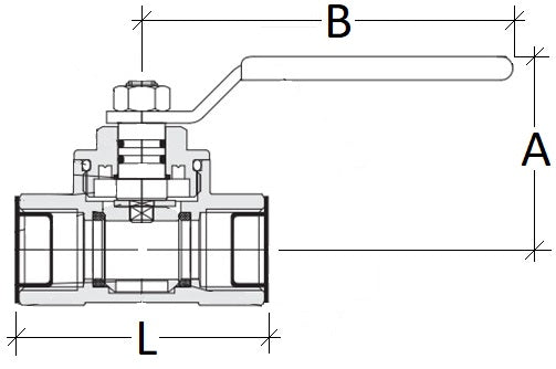 Technical drawing of a valve with labeled dimensions on a white background