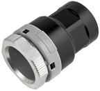 Black and silver mechanical component on a white background