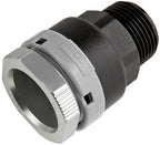 Plumbing fitting with black and gray color scheme on a white background