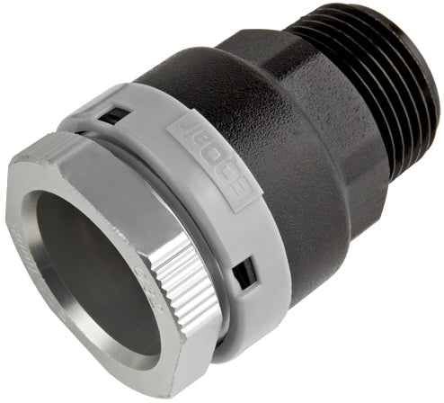 Plumbing fitting with black and gray color scheme on a white background
